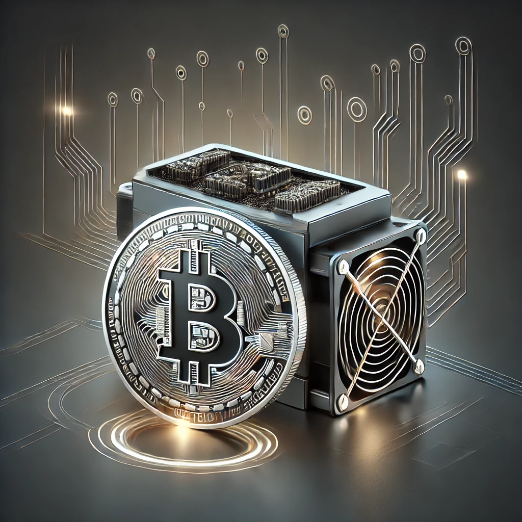 Compacte Solo-Miner en Bitcoin op Futuristisch Netwerk Een Bitcoin-munt en een compacte ASIC-miner, geplaatst op een futuristisch netwerk met gloeiende circuits, perfect voor solo-mining.